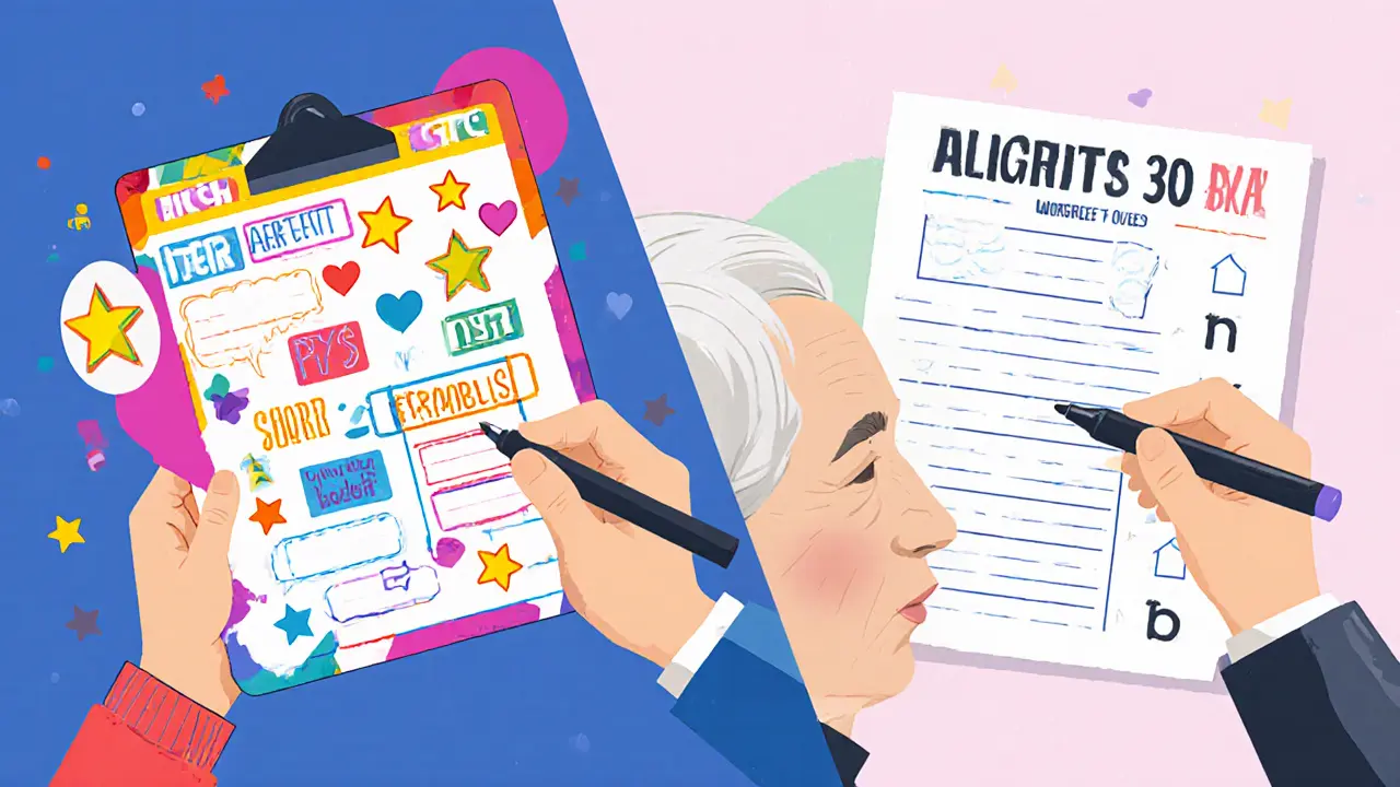 Rozdělená scéna: adolescent s barevným listem a senior s velkým písmem, oba upravováni terapeutem.