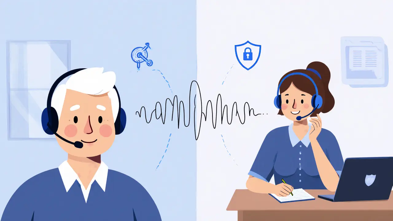 Rozdělený obrázek: senior s headsetem a terapeut naslouchající po telefonu.