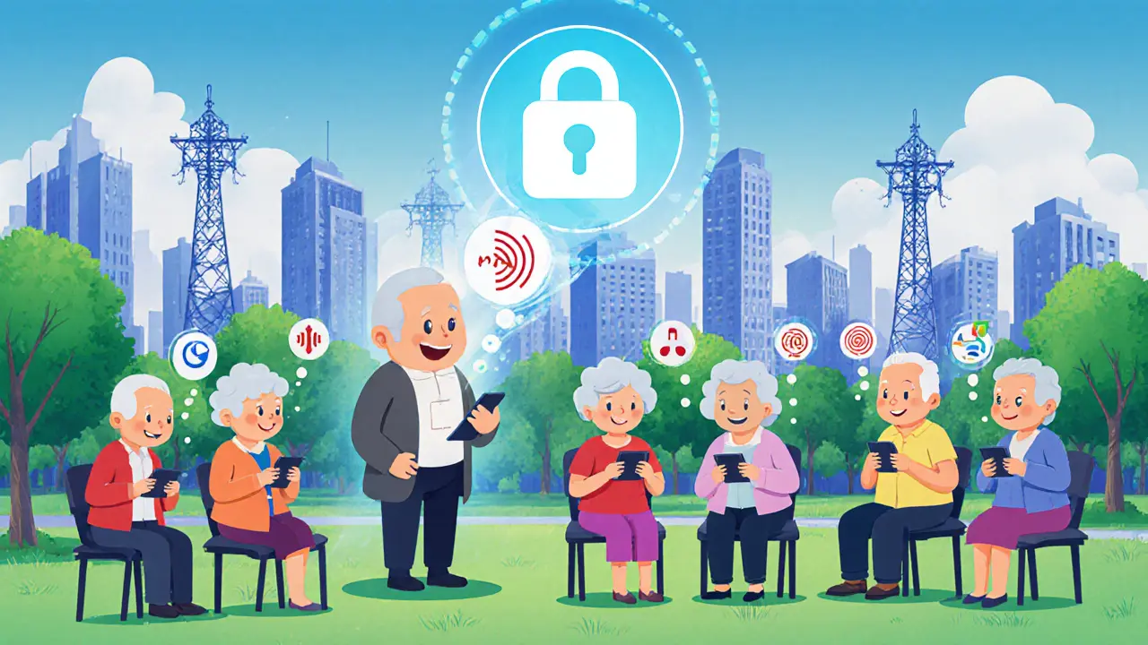 Starší lidé v parku používají telefony k terapii, v pozadí 5G věže.