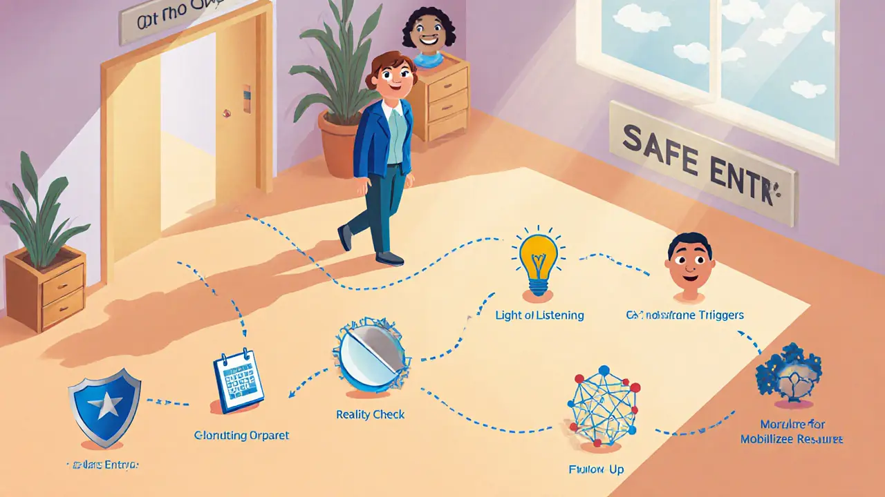 Terapeut ukazuje klientovi sedm kroků krizové intervence.