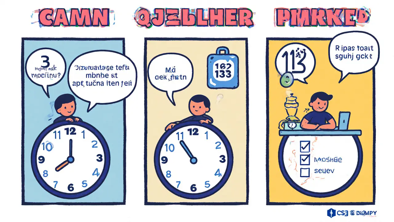 Komiksové panely s časovači a otázkami během krizové intervence.