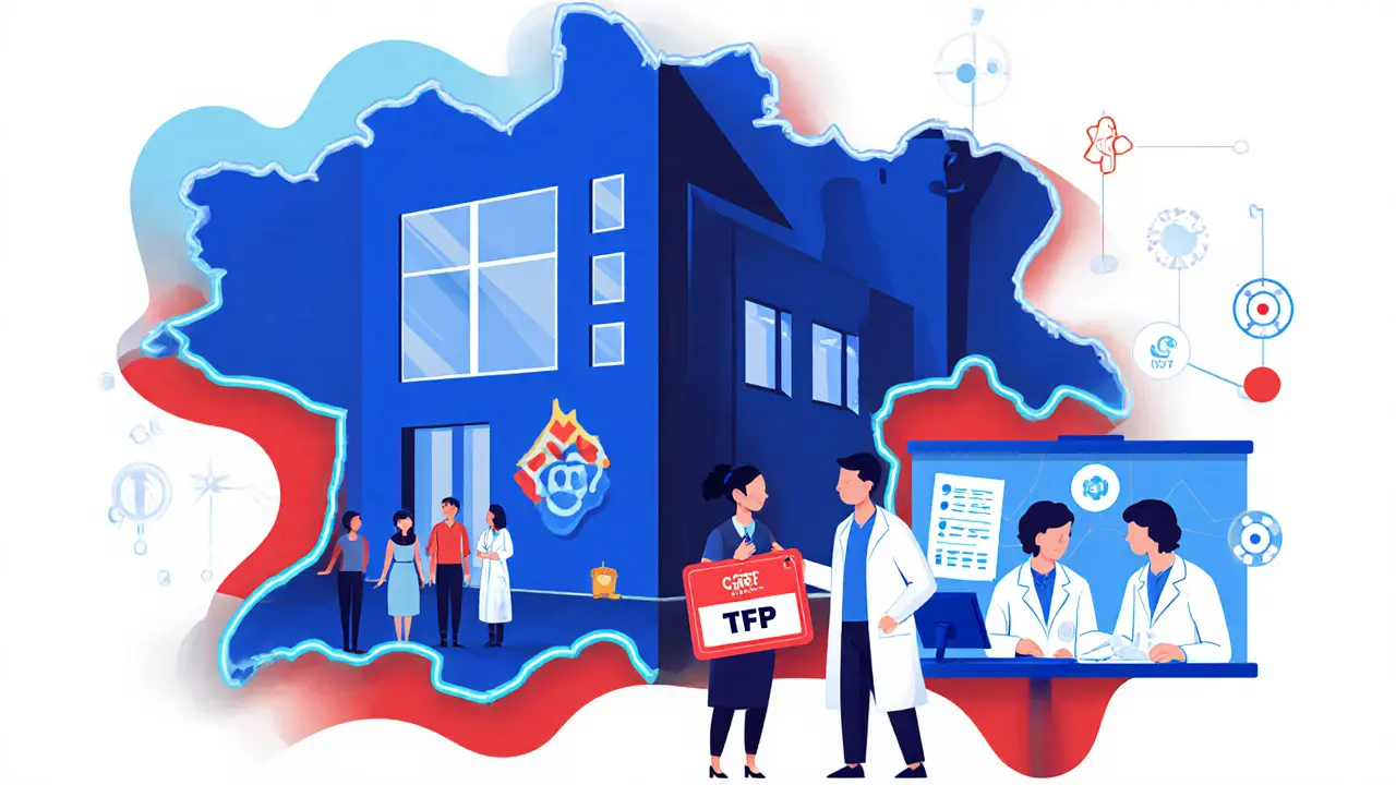 Česká mapa ukazuje kliniku v Praze a výzkumný tým pracující na TFP v cartoon stylu.