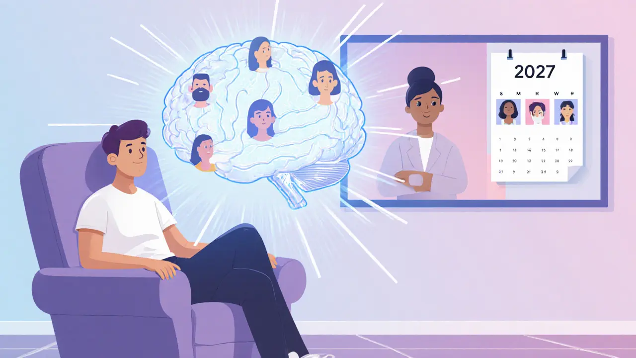 Klient doma, holografický AI asistent ukazuje profily terapeutů, vedle videohovoru s terapeutem.