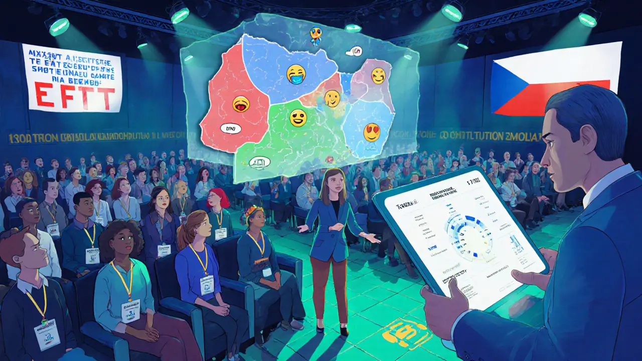 Konference s AI asistencí, kde terapeuti sledují hologram emocí a personalizované techniky.