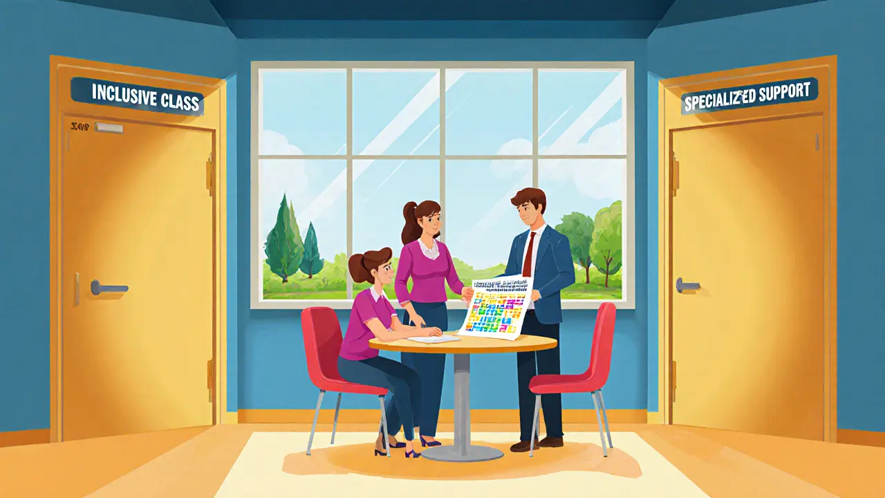 Rodič, učitel a specialista diskutují v hybridní škole