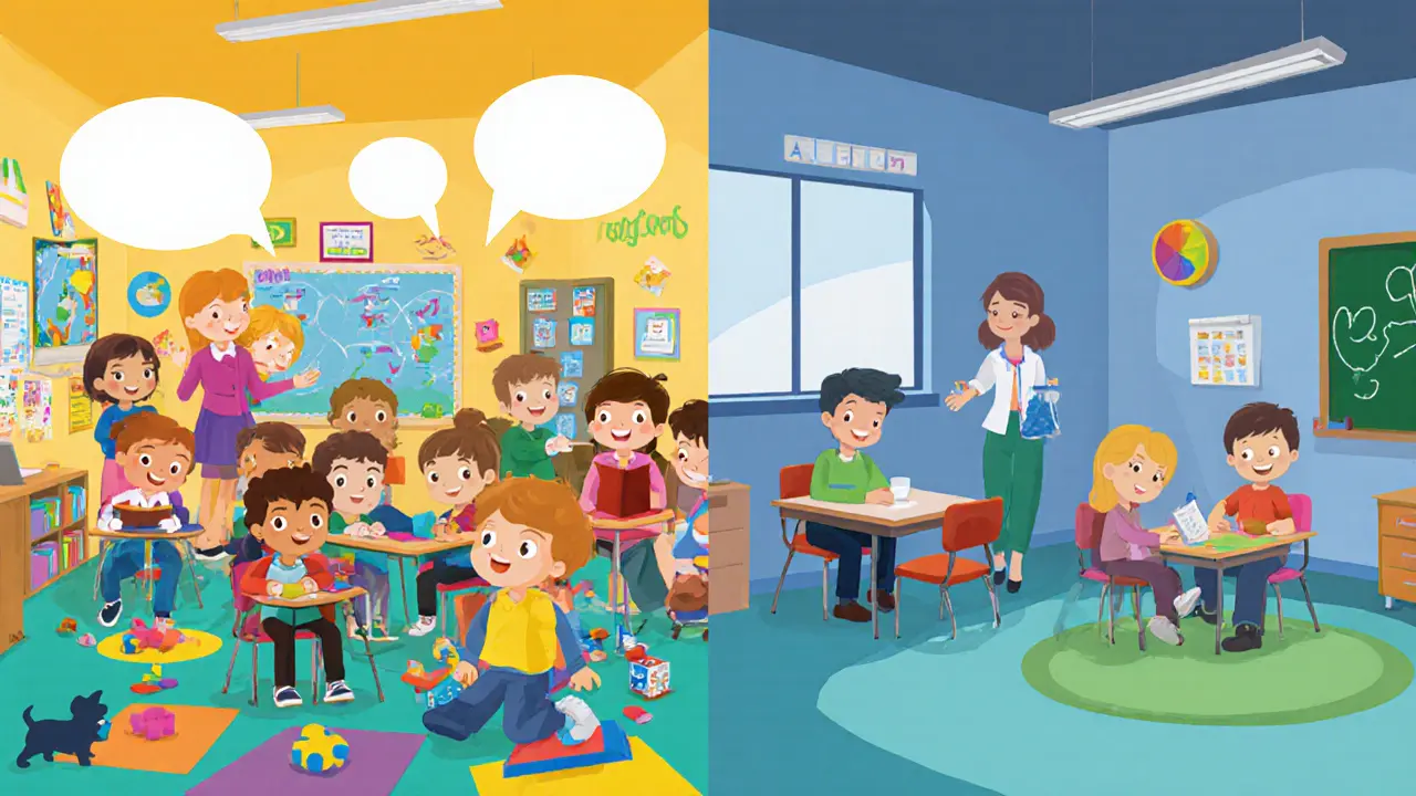 Rozdělený obraz ukazující inkluzivní třídu a speciální školu