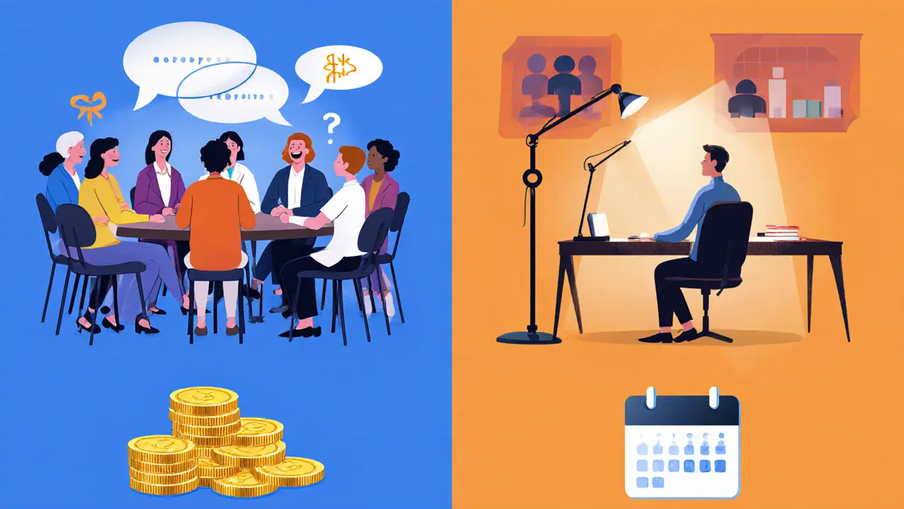 Rozdělený obrázek: skupinová terapie v kruhu vs. individuální terapie tváří v tvář.