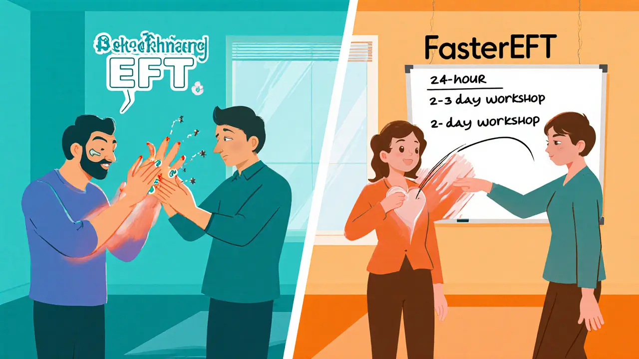 Rozdělený obrázek ukazuje rozdíly mezi EFT (klepání) a FasterEFT (swiping).