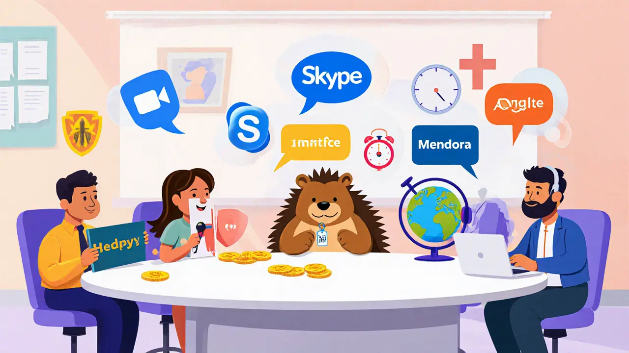 Šest karikaturních postav představujících platformy, každý drží ikonu bezpečnosti, ceny nebo jazykové podpory.