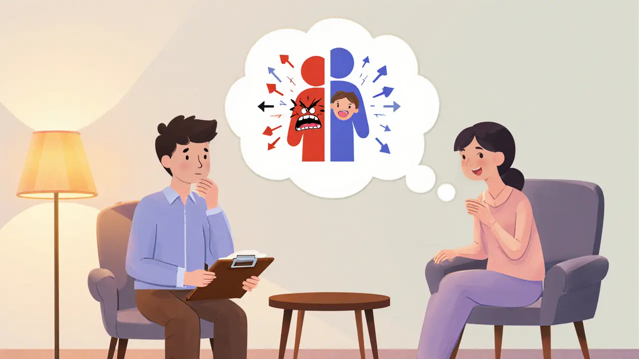 Terapeut interpretuje přenos během sezení, pacientova rozštěpená osobnost v cartoonu.