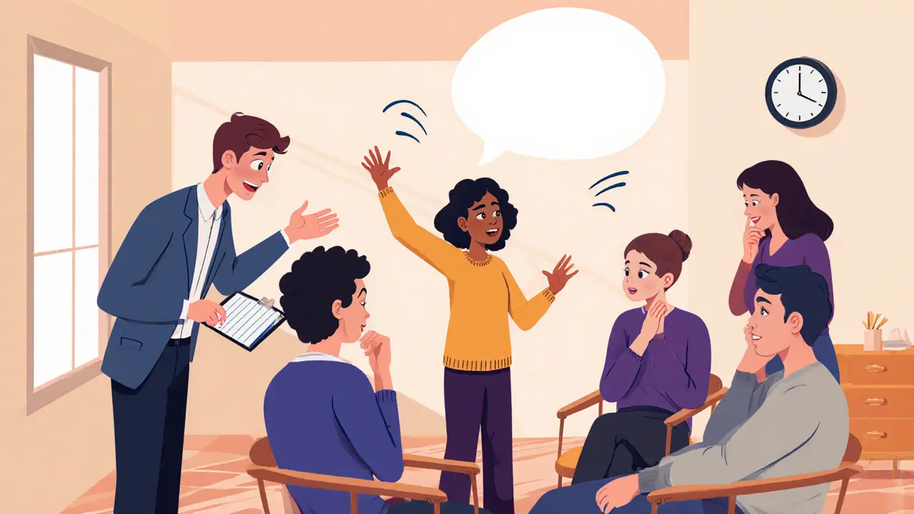 Účastník gestikuluje, ostatní poslouchají, terapeutové vedou diskuzi.