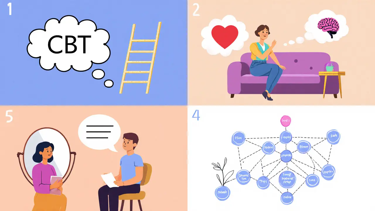 Čtyři karikatury znázorňují CBT, psychodynamiku, humanistiku a systémovou terapii s typickými symboly.