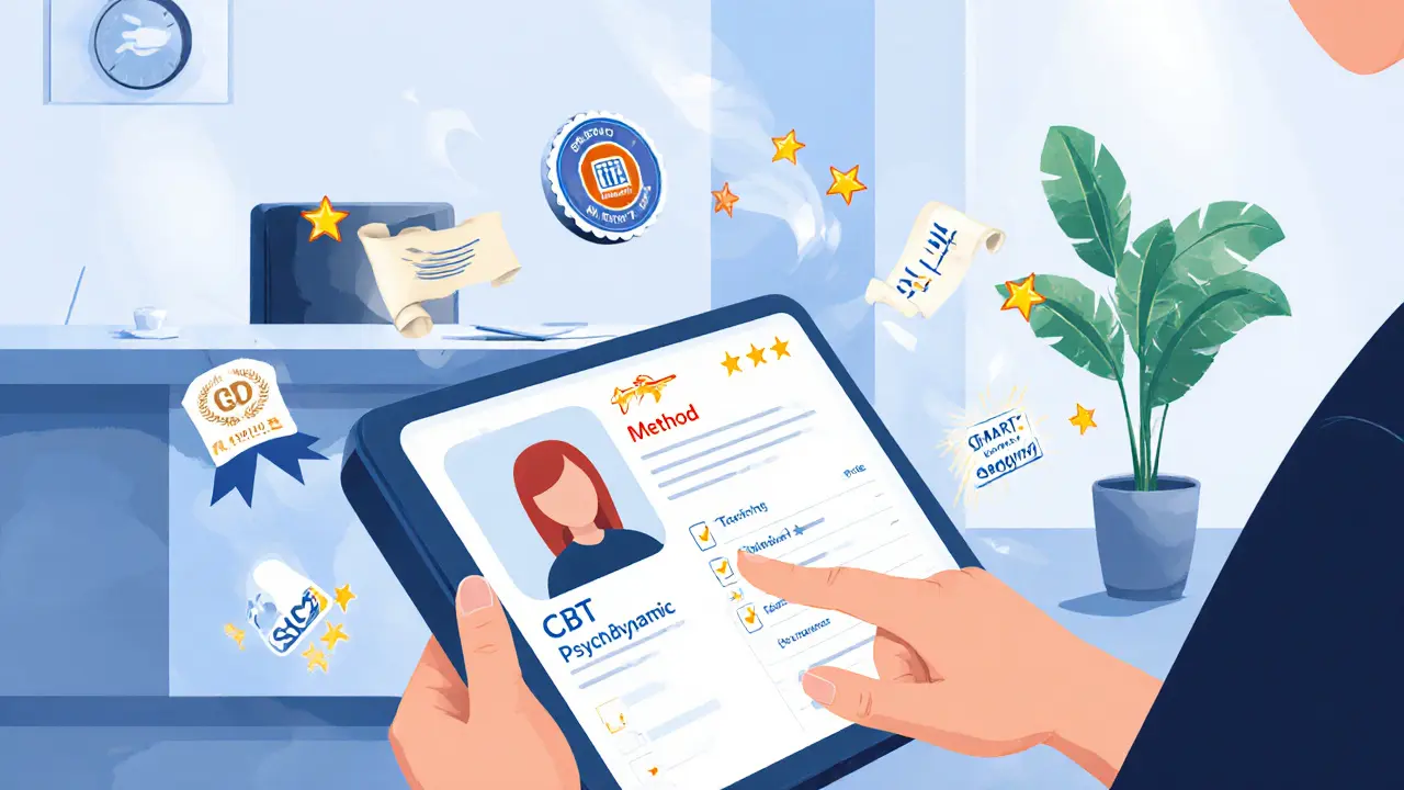 Klient kontroluje profil terapeuta s ikonami registrace, akreditace, metod a hodnocení v kresleném prostředí.