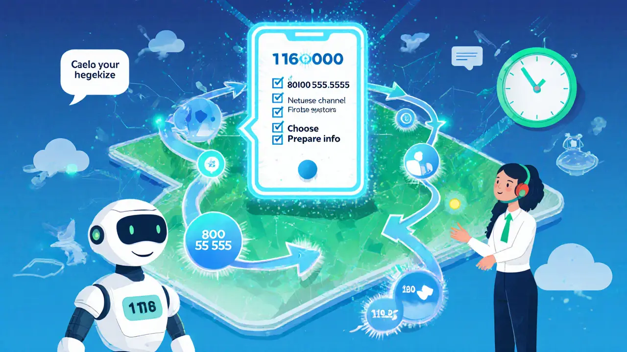 Kreslená mapa směřující k jednotnému číslu 116 000, s chatbotem a lidským poradcem, ukazující budoucí integraci linek.