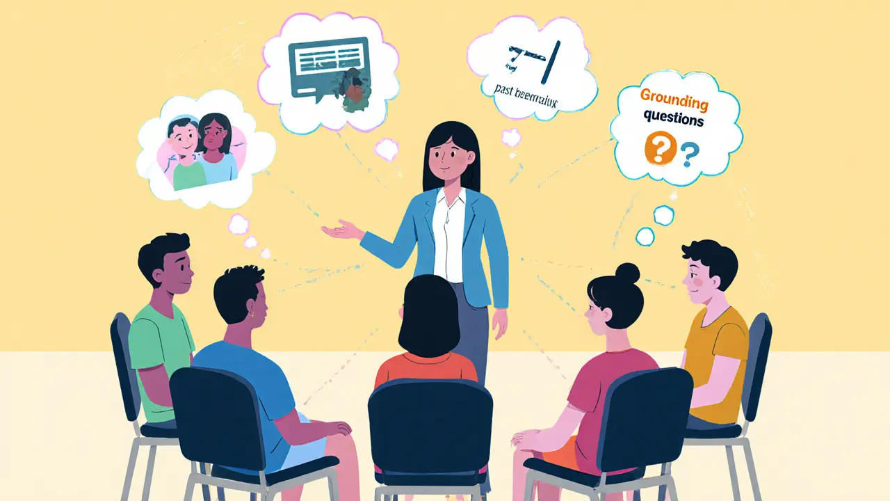 Skupinová terapie v kruhu, bubliny ukazují techniky MBT.