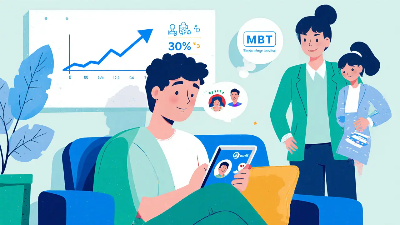 Teenager s aplikací MBT na tabletu, graf růstu terapeutů.