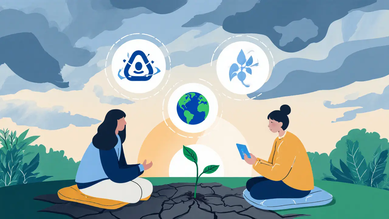 Terapeut a klient v zahradě, symboly klimatické úzkosti a mindfulness.