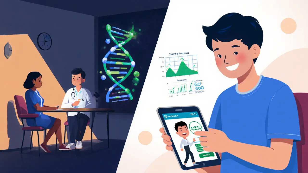 Hybridní KBT: terapeut v ordinaci, pacient u tabletu, DNA helix a graf ukazující zvýšenou adherenci.