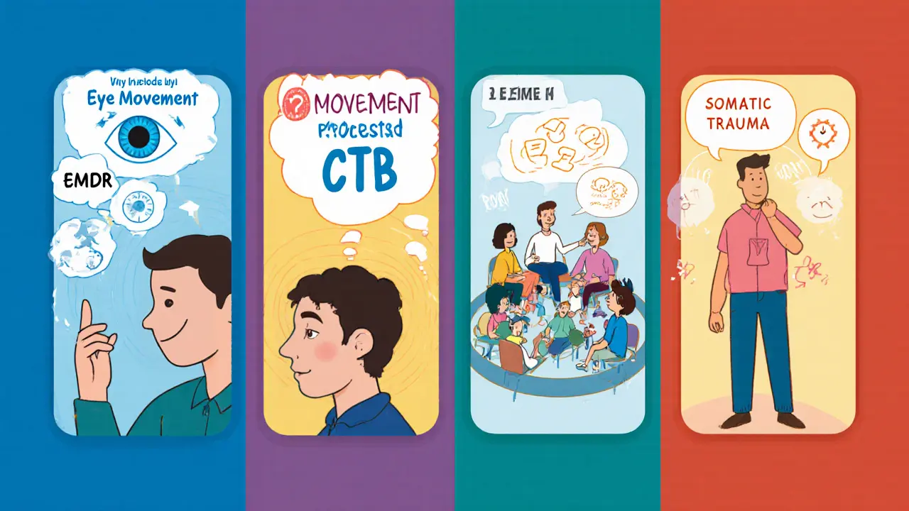 Ilustrace čtyř terapeutických metod: EMDR, CBT, rodinná terapie a somatické cvičení.