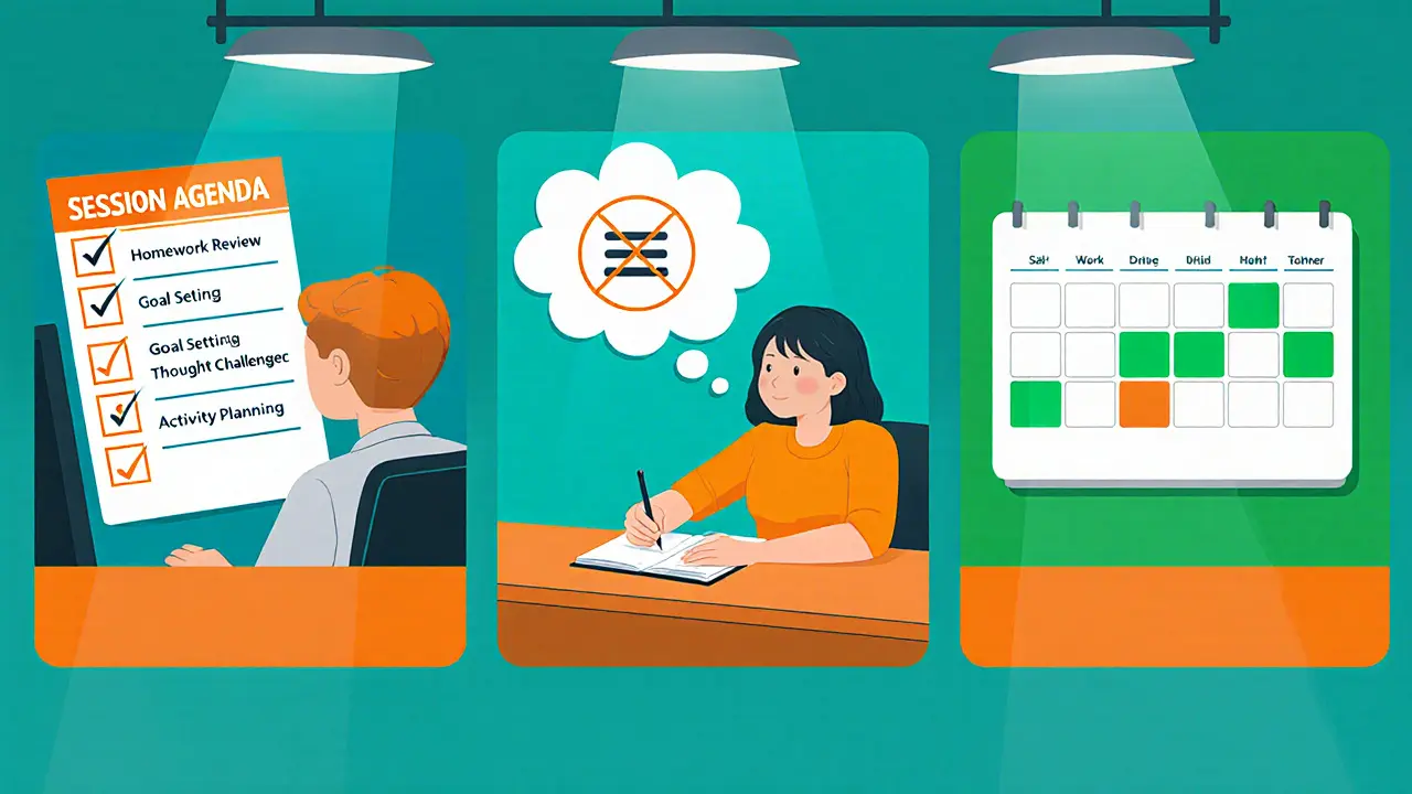 Storyboard KBT sezení s kontrolním seznamem, zápisky a kalendářem 12‑16 sezení.