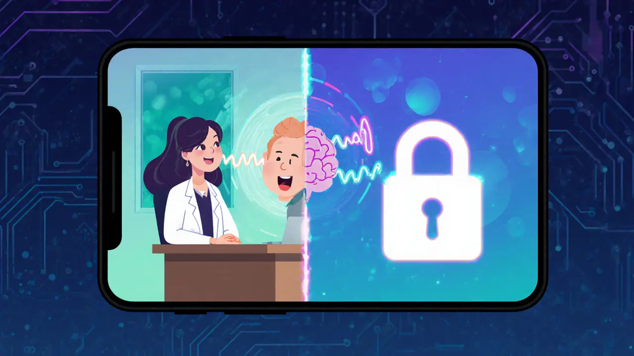 Budoucnost mobilní terapie s AI rozpoznáváním emocí, zabezpečeným připojením a hybridním modelem.