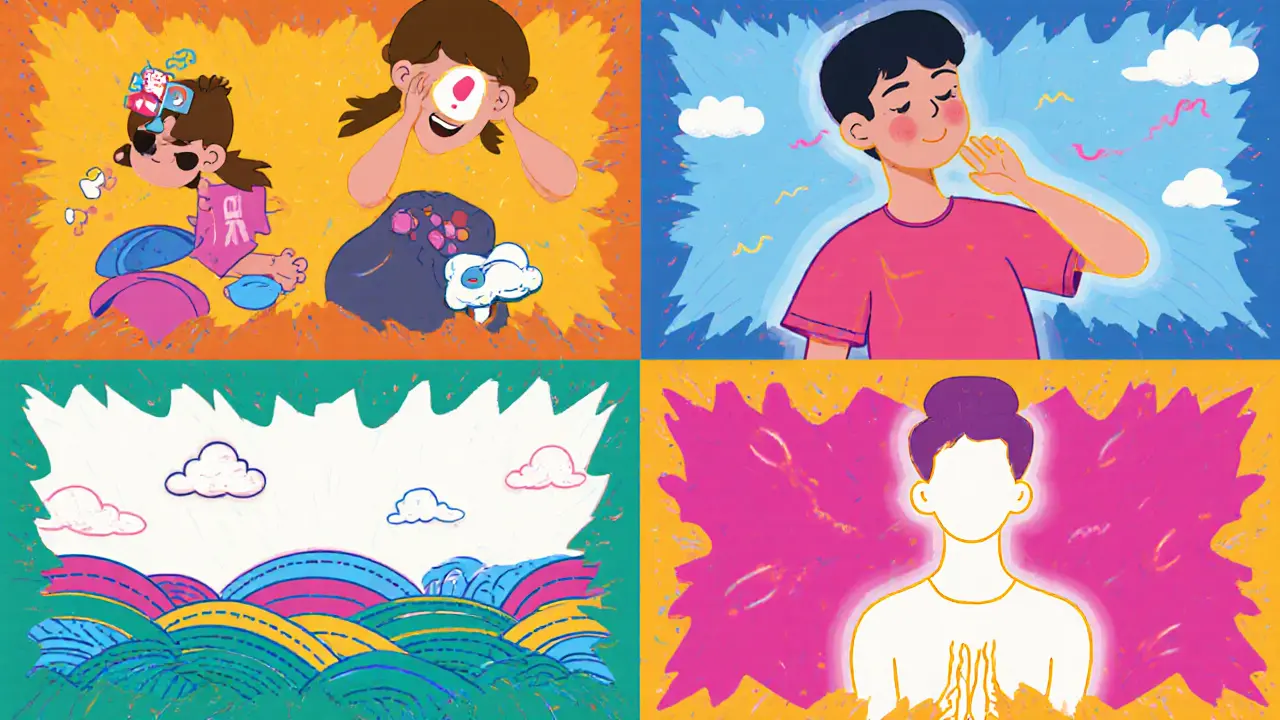 Čtyři panelové kresby ukazují uzemnění, pendulaci, bezpečné místo a tělesný sken.