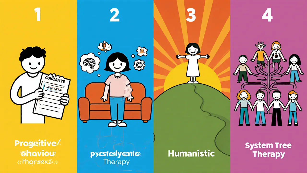 Čtyři panely ilustrují KBT, psychodynamickou, humanistickou a systémovou terapii v kresleném stylu.