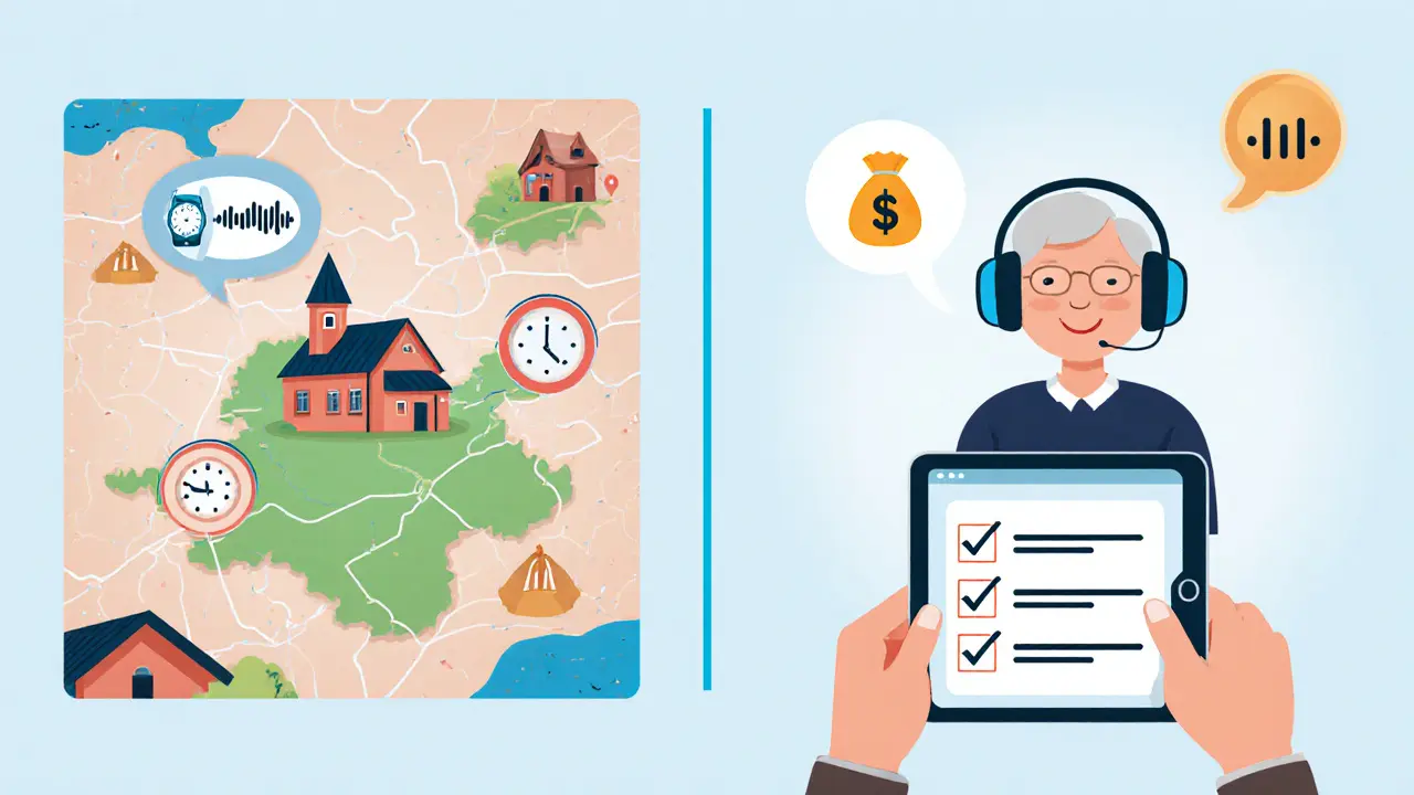 Ilustrace výhod mobilní terapie: úspora času, peněz, anonymita a přístup pro seniory.