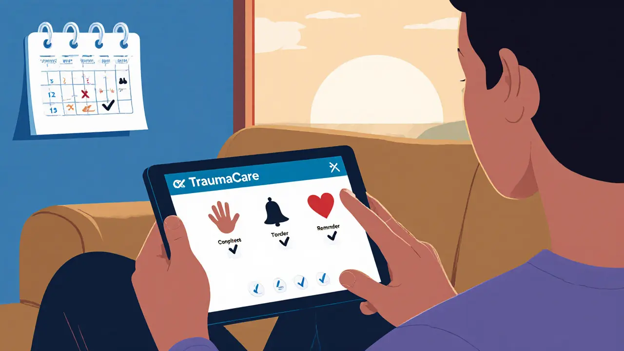 Osoba používá aplikaci TraumaCare na tabletu, vedle ní je podpora partnera.