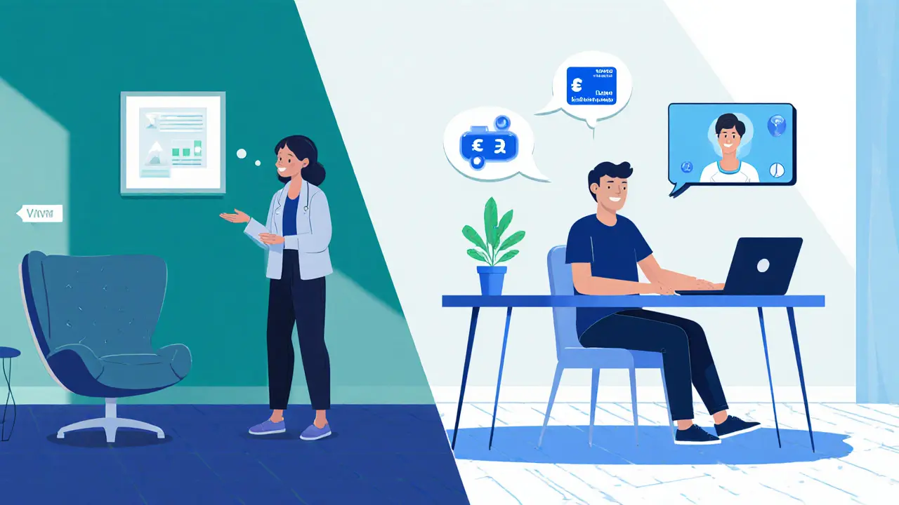 Rozdělený obrázek: osobní terapie v kanceláři a online terapie přes laptop v domácím prostředí.