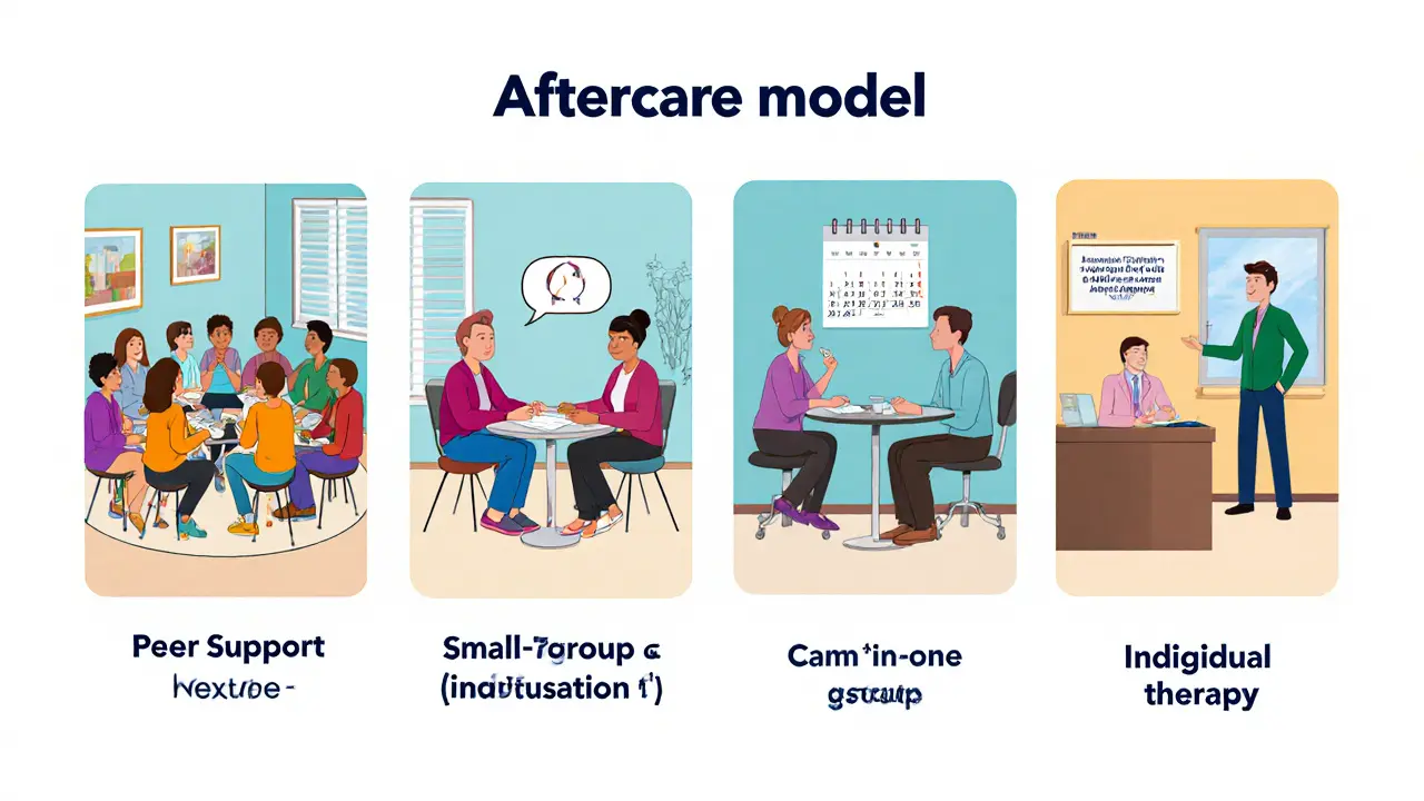 Čtyři cartoon scénky zobrazující peer podporu, svépomocnou skupinu, individuální terapii a ambulantní péči.