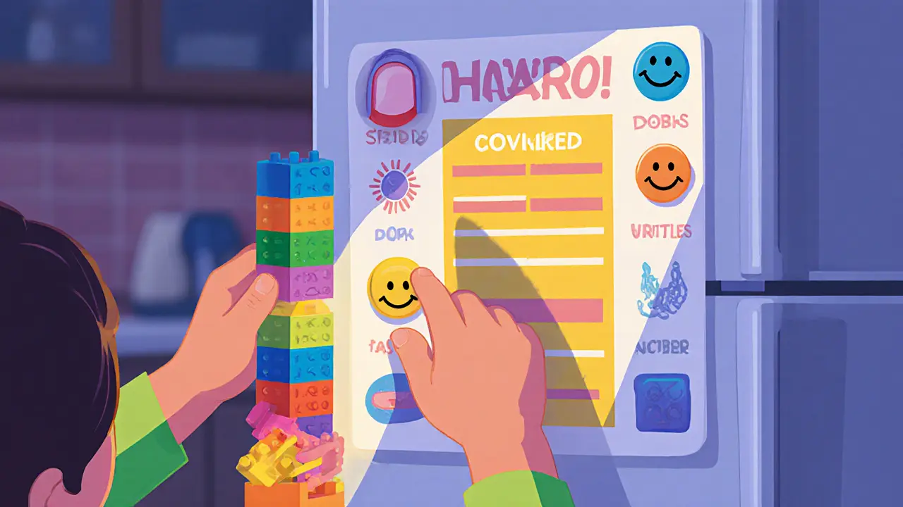 Dítě přidává magnet na chladničkový odměnový board, vedle LEGO kostek.