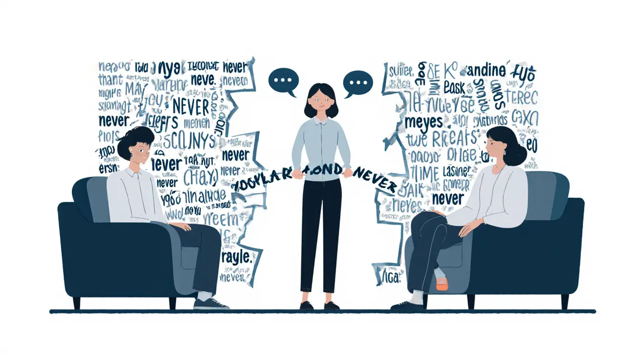 Dvojice je oddělena stěnou slov, terapeut mezi nimi staví most komunikace.