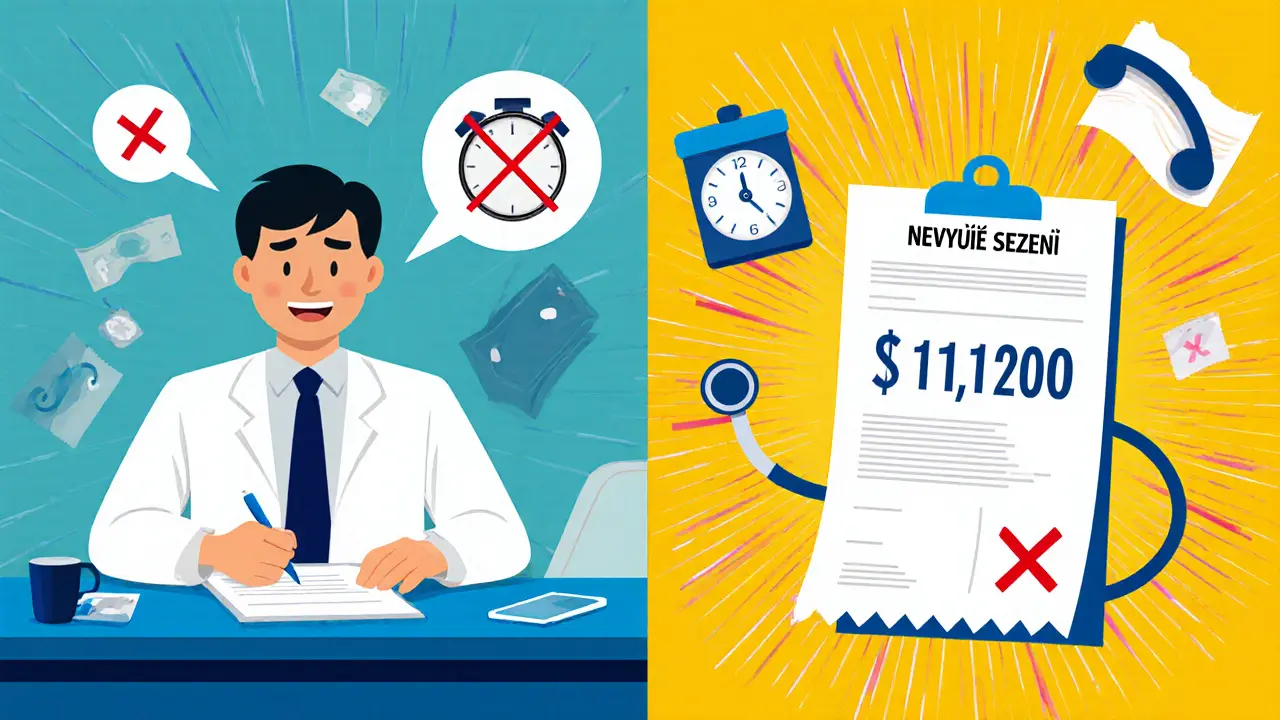 Klient dostává nečekanou fakturu za zrušené sezení, zatímco terapeut se usmívá, a na pozadí je kalendář s 24 hodinami.