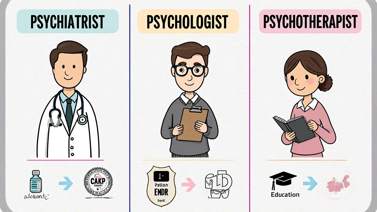 Komická tabulka porovnává psychiatra, psychologa a psychoterapeuta.