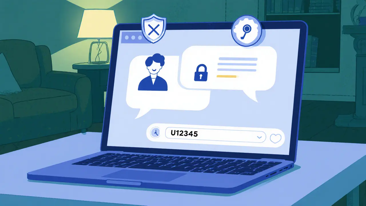 Laptop s chatovacím oknem, pseudonymním ID, ikonou šifrování a zakázanou kamerou.