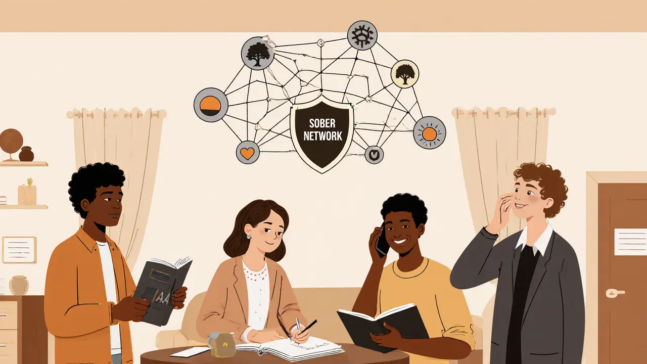 Malá skupina lidí v komunitní místnosti tvoří síť podpory pro střízlivost.