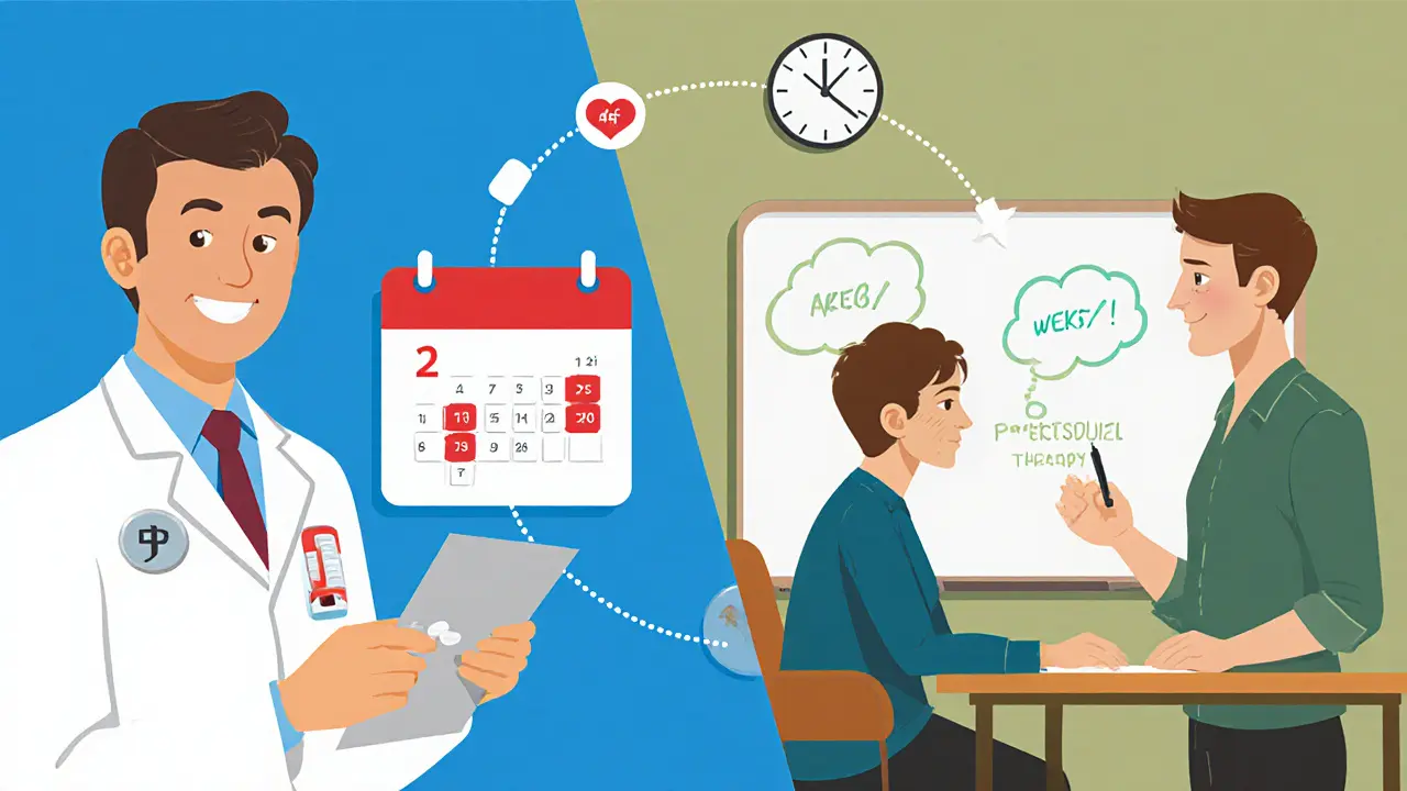 Polovina scény: lékař předává pilulky, druhá polovina: terapeut probírá KBT.