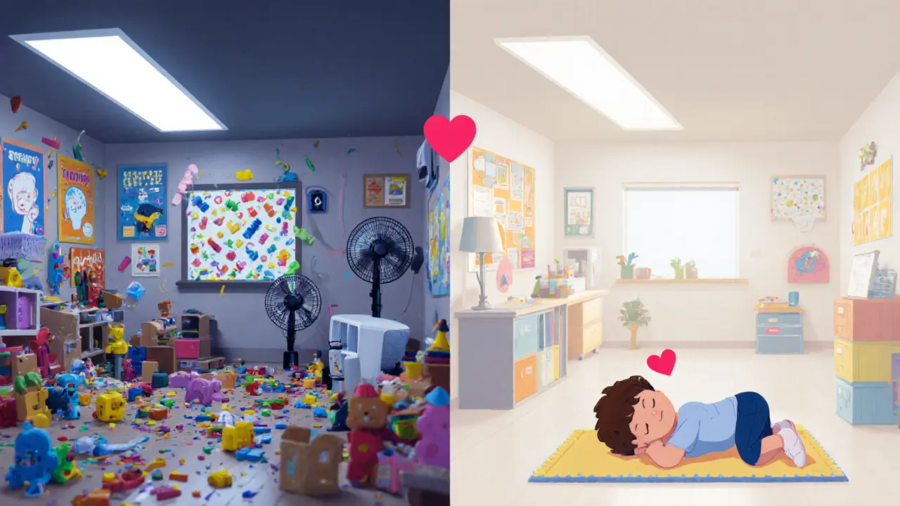 Porovnání přetížené a přizpůsobené terapeutické místnosti podle senzorické hygieny.