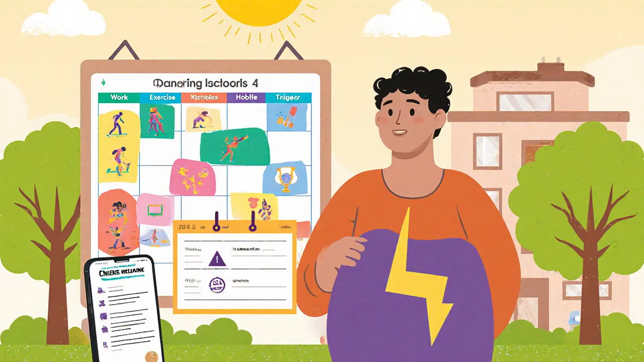 Postava s denním rozvrhem, sportem, prací a kontaktem na krizovou linku, ukazující zdravý život po léčbě.