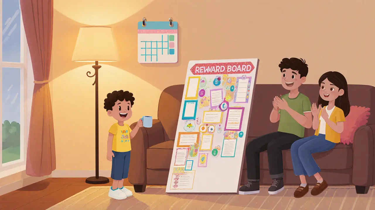 Rodina v obýváku kontroluje odměnový systém, dítě se usmívá hrdě.
