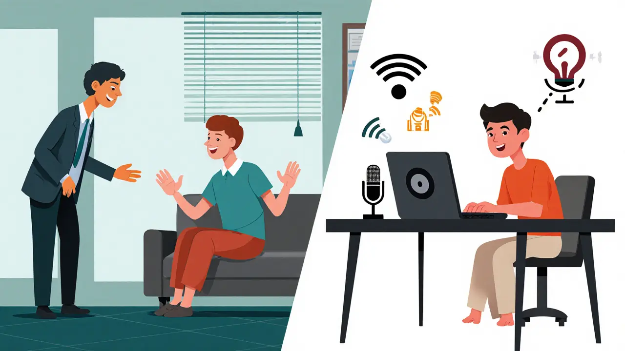 Rozdělený obrázek: terapeutická kancelář vs. osoba na videohovoru doma s Wi‑Fi ikonou.