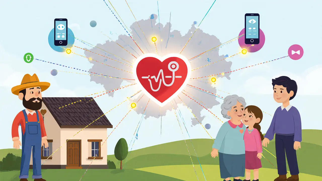 Různí lidé z venkova jsou propojeni digitálními vlákny s centrálním srdcem jako značkou přístupu k terapii.