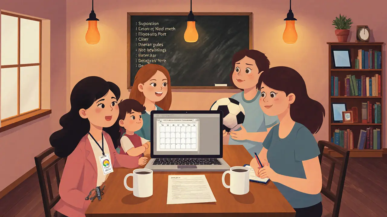 Setkání podpůrné sítě v kavárně, lidé diskutují u stolu s kalendářem a notebookem.