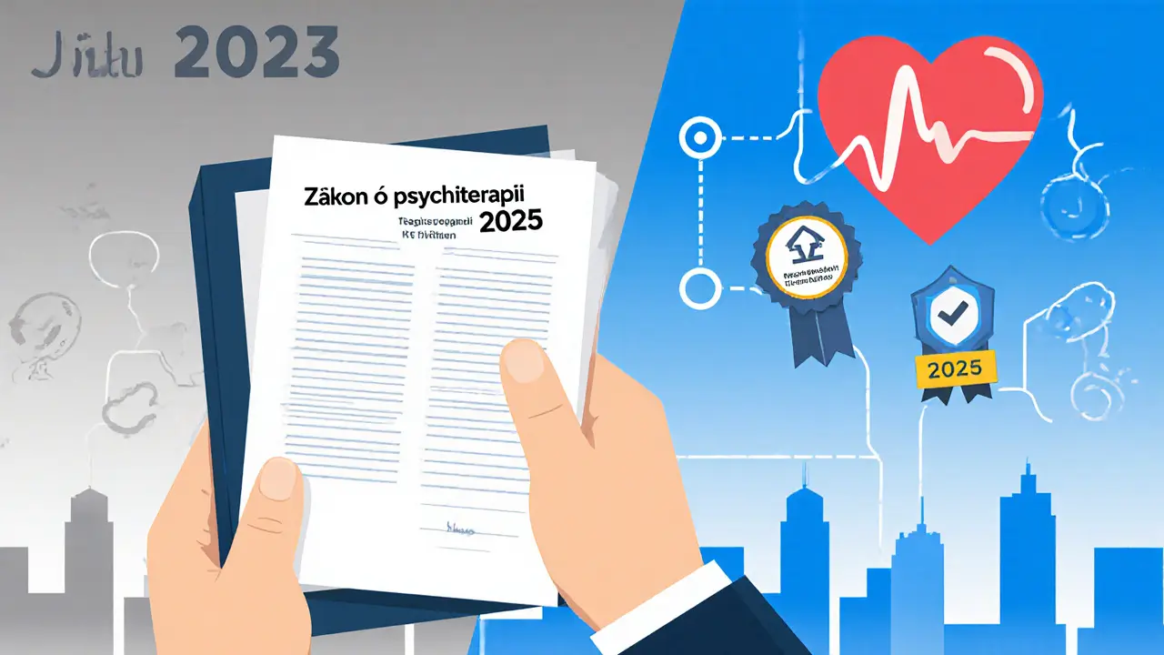 Smlouva se mění v zákon z roku 2025, symbolizující budoucí jasnost psychoterapie v Česku.