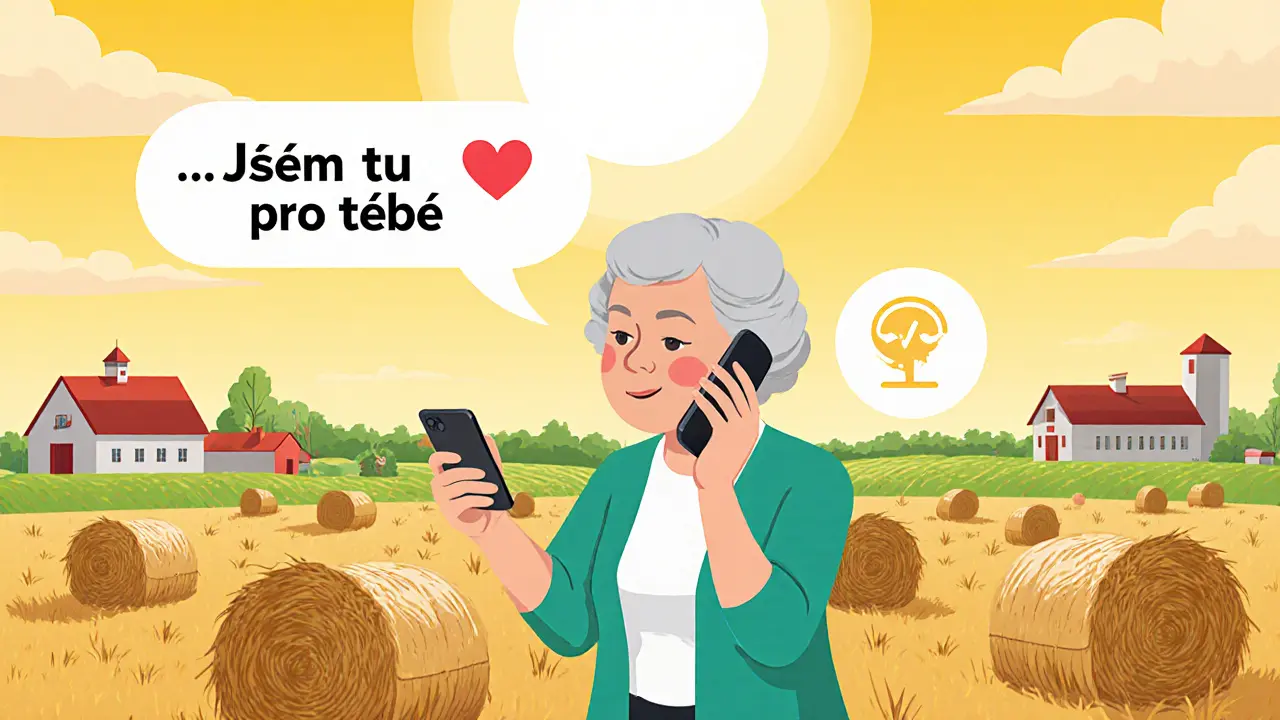 Stará žena hovoří po telefonu na poli, nad ní plave srdce jako symbol podpory.