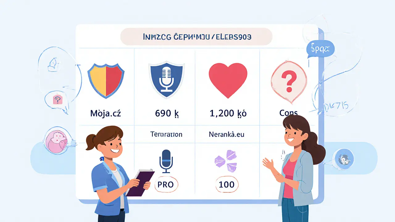 Tabule s cenami tří platforem, ikony výhod a nevýhod, terapeut a klient v popředí.