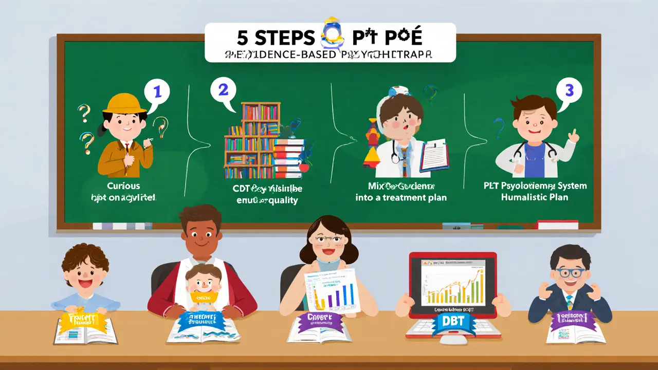 Tabule s pěti kroky evidence‑based praxe a ikony pěti terapeutických směrů s úrovněmi důkazů.