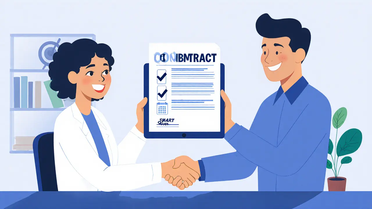 Terapeut a klient podepisují smlouvu s SMART cíli, vedle AI nástroje.