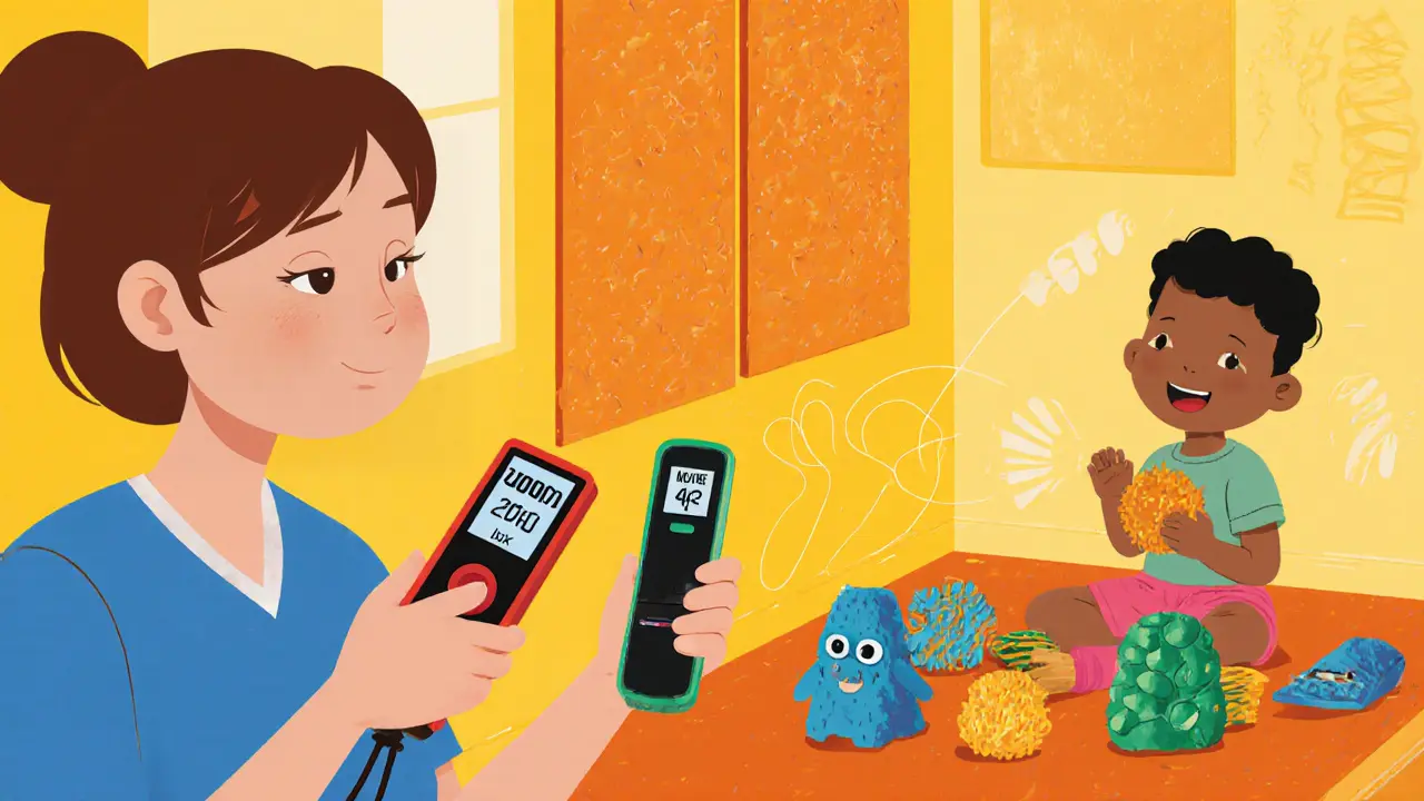 Terapeut měří světlo a hluk v terapeutické místnosti s akustickými panely.